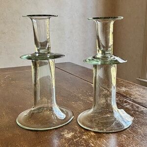 Pottery Barn Savoy taper candle holders green glass